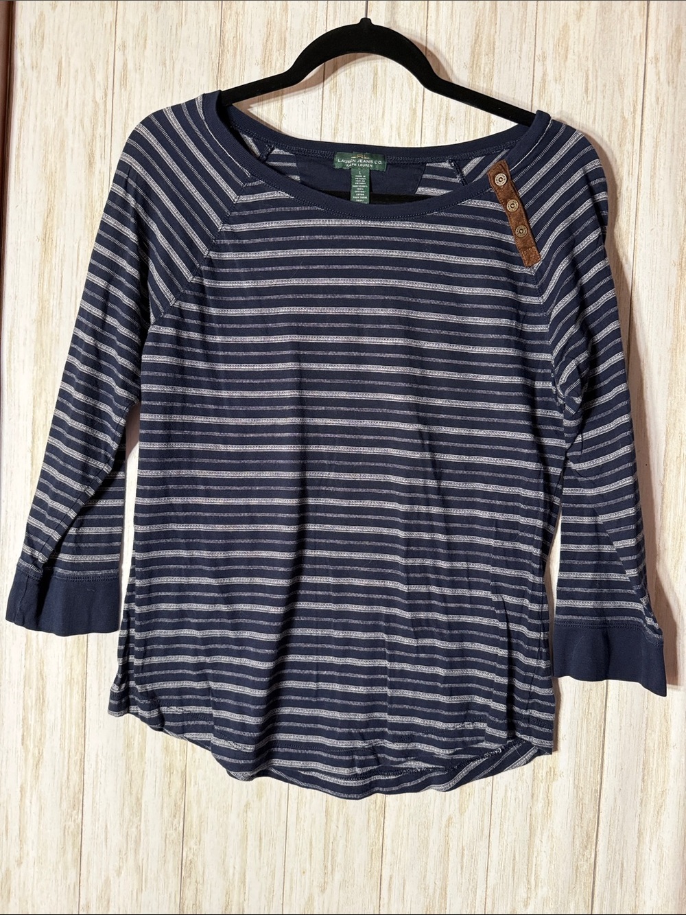 Lauren Ralph Lauren Navy and White Striped Long Sleeve Top with Button Accent